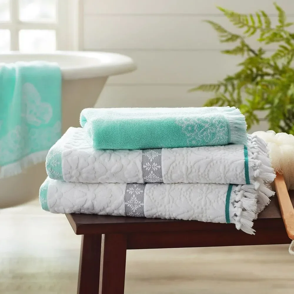 Pioneer Woman Bath Towel Set Sculpted Stripe Velour Soft Silver Cotton Butterfly